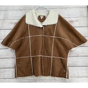 Chicos Sherpa Lined Faux Sheepskin Jacket Womens 2/3 US 12/16 Brown Ivory